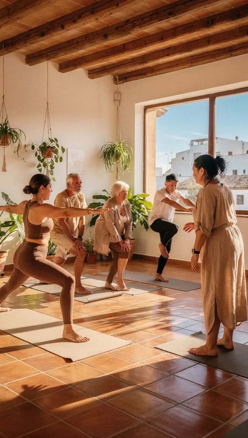 Una mujer practicando posturas de yoga con enfoque en los pies.