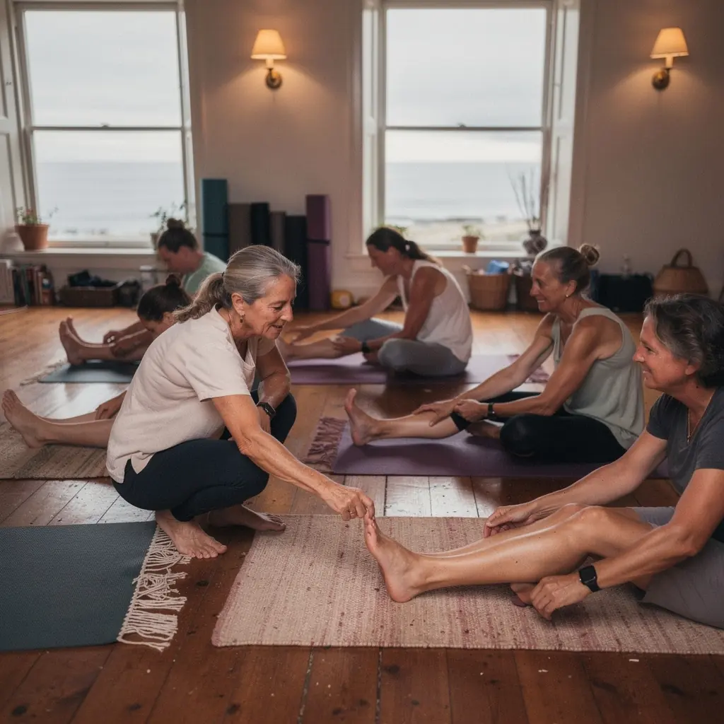Primer plano de pies descalzos sobre una esterilla de yoga, mostrando una buena alineación y estabilidad.