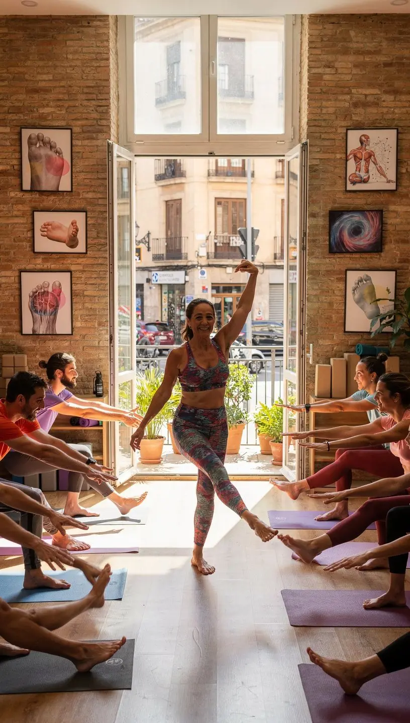 Instrucciones visuales sobre posturas de yoga enfocadas en el fortalecimiento de pies y tobillos.