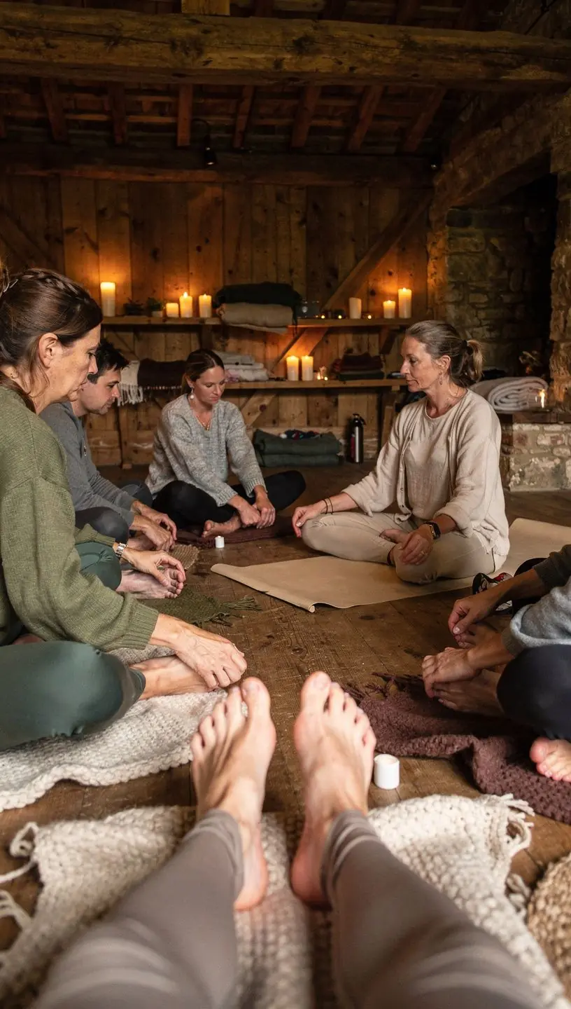 Primer plano de pies descalzos sobre una esterilla de yoga, mostrando una buena alineación y estabilidad.