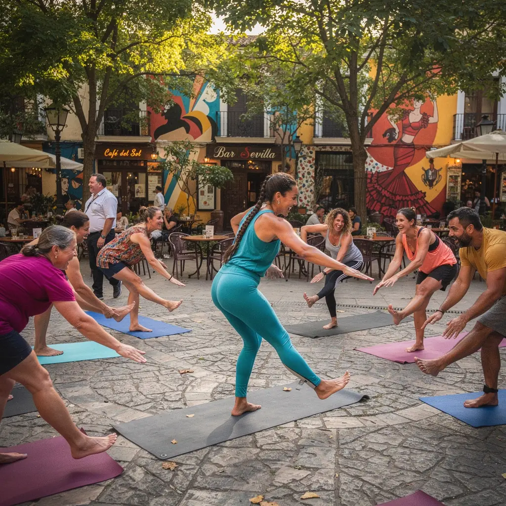 Primer plano de pies descalzos sobre una esterilla de yoga, mostrando una buena alineación y estabilidad.