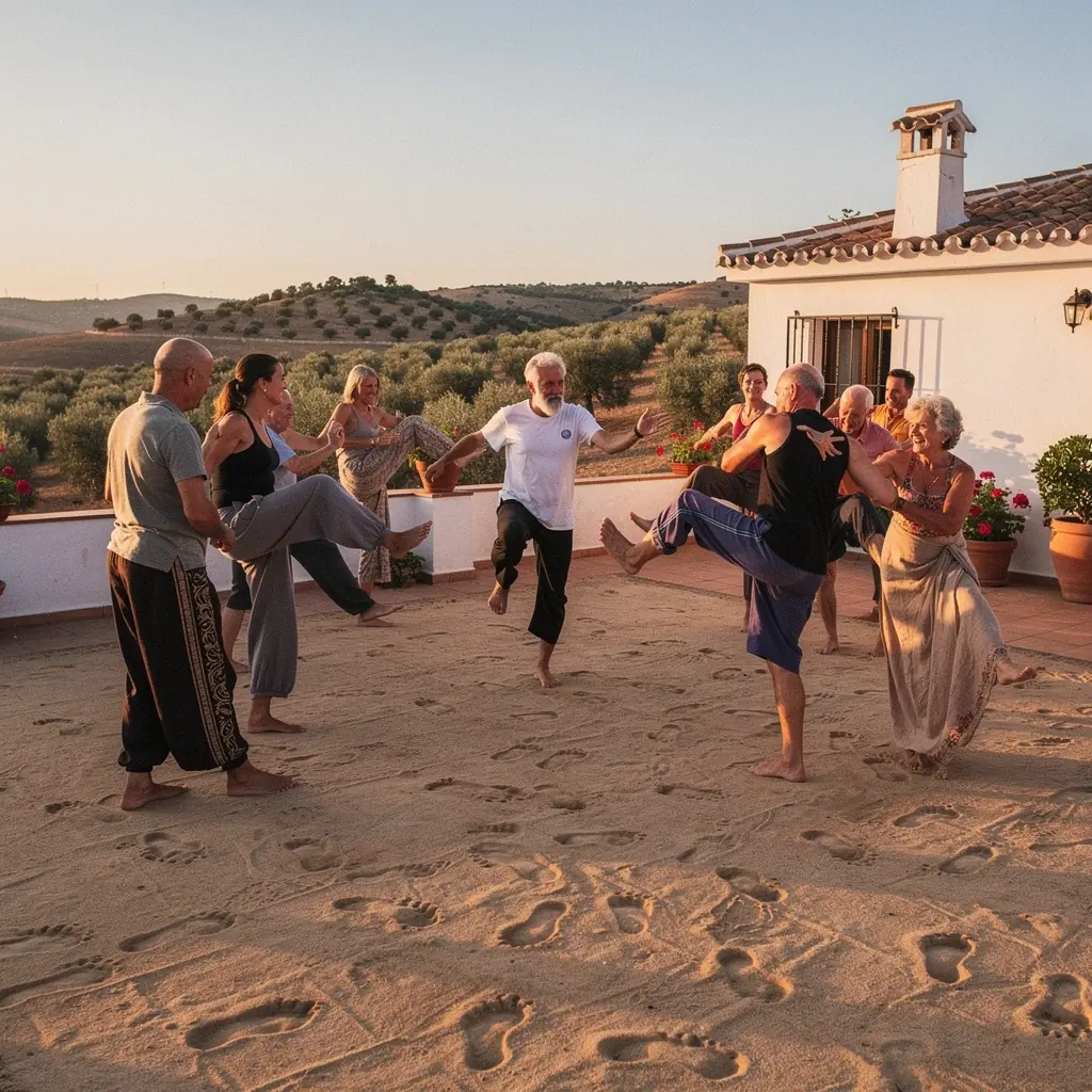 Primer plano de pies descalzos sobre una esterilla de yoga, mostrando una buena alineación y estabilidad.