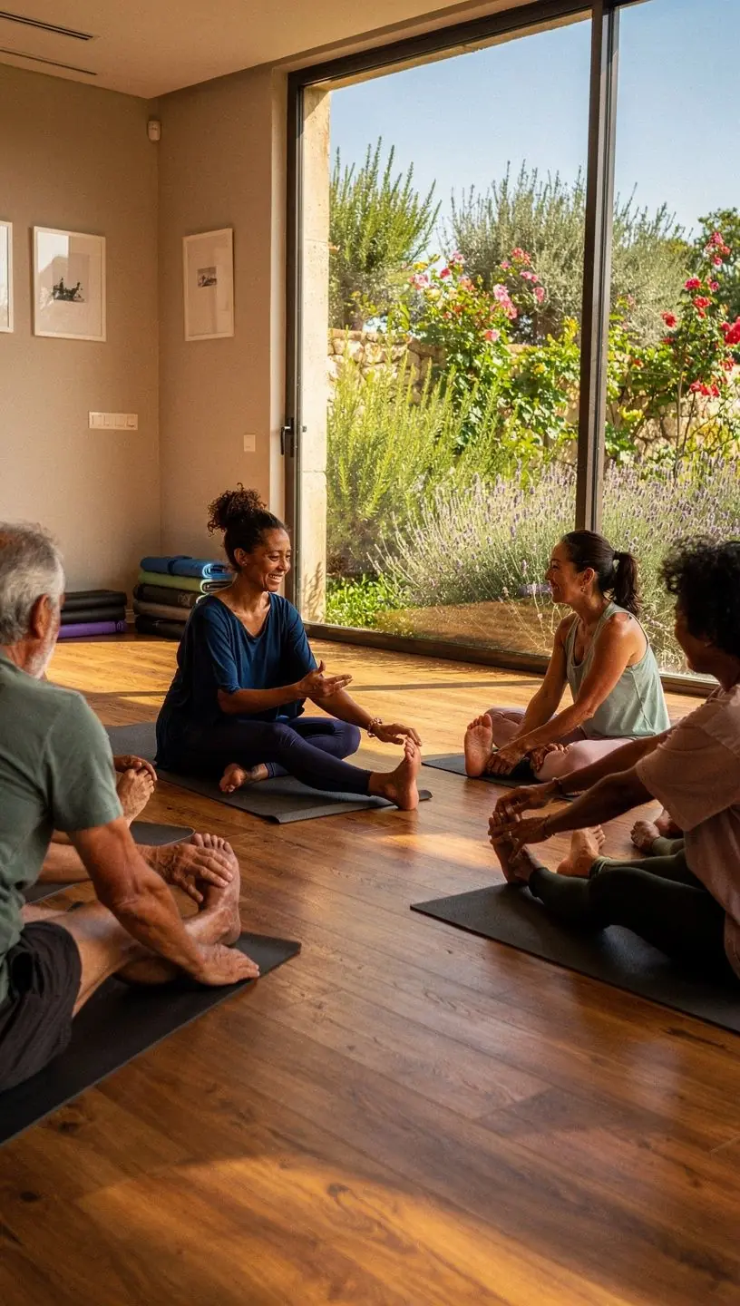 Practicante de yoga realizando una postura de equilibrio que fortalece los pies y los tobillos.