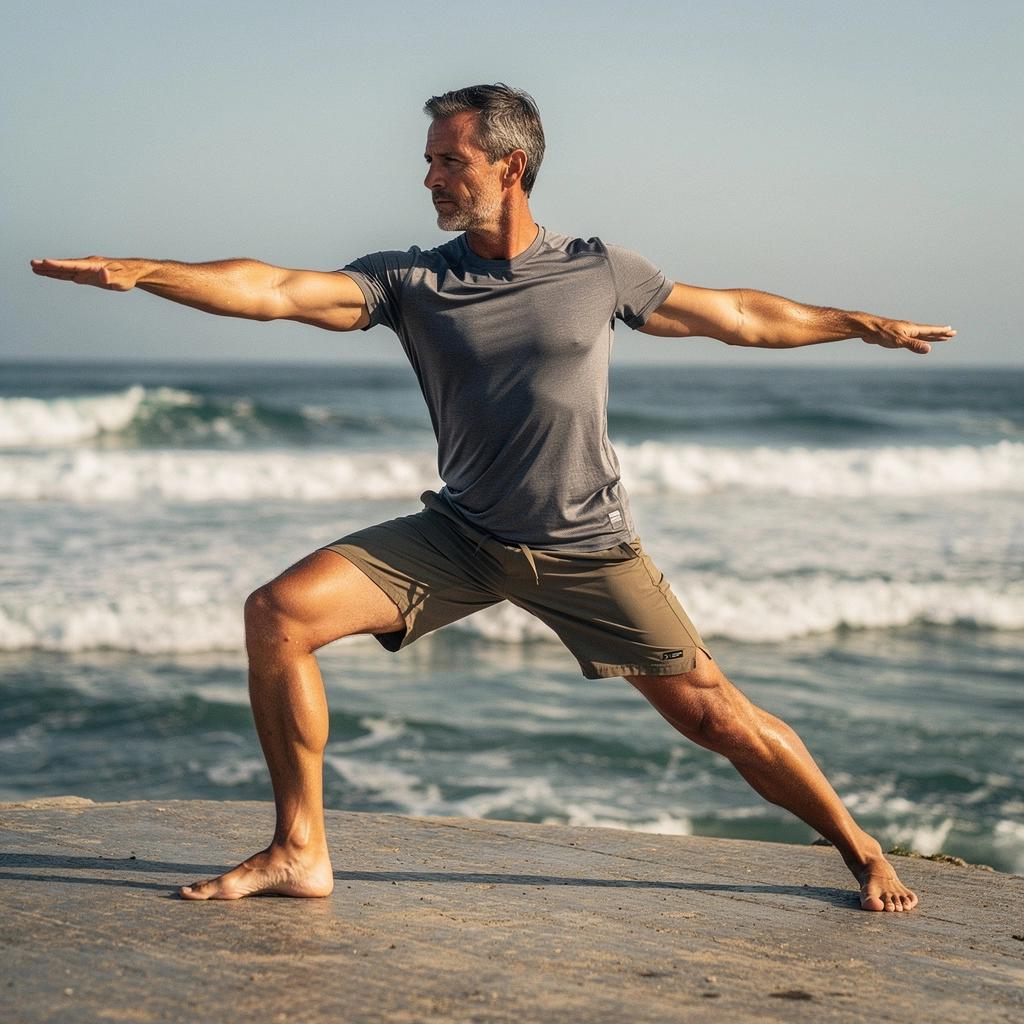 Una instructor de yoga guiando a los participantes en una sesión de equilibrio.